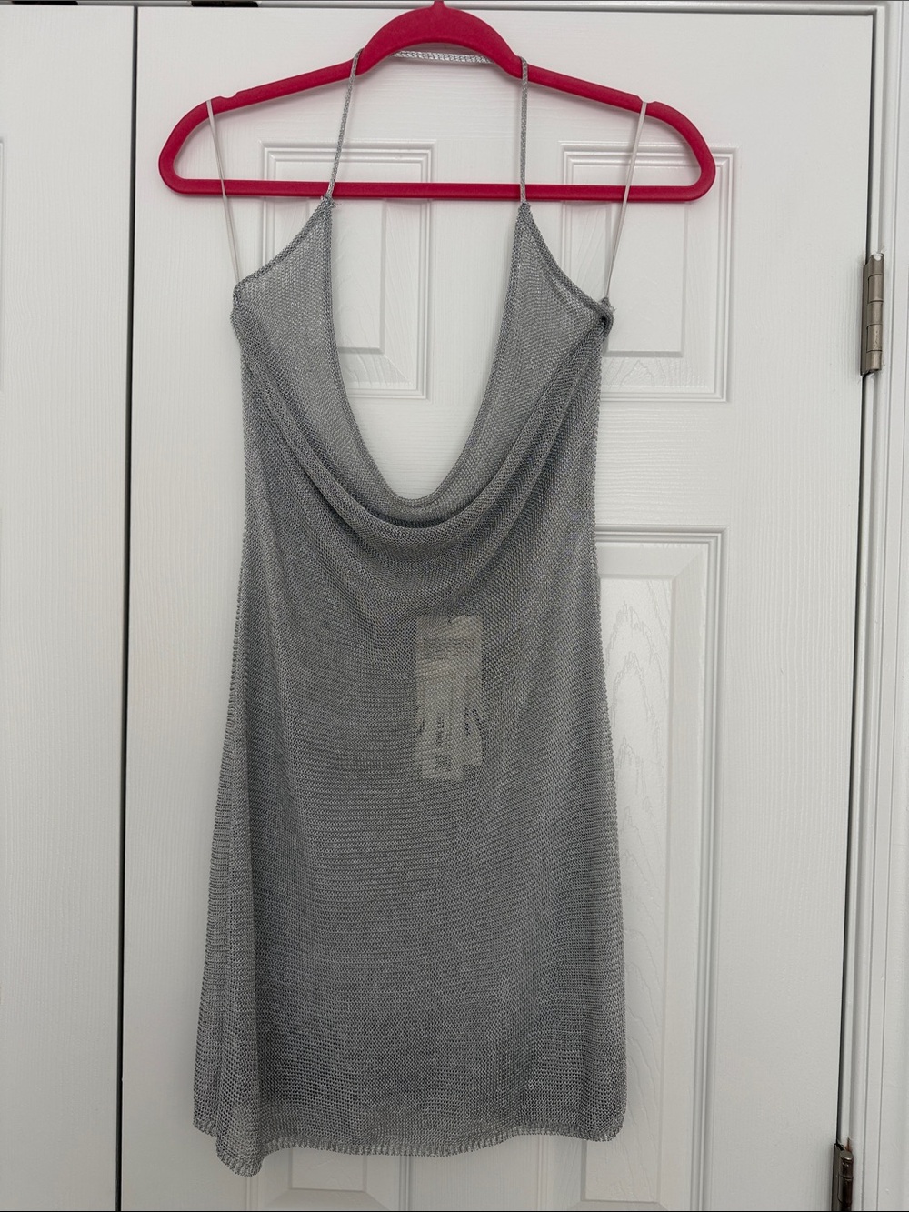 Zara Silver Metallic Sheer Draped Neck Slip Dress